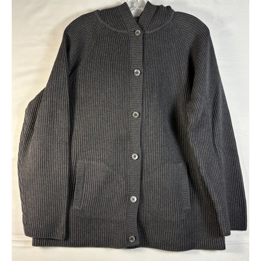 Lauren Ralph Lauren Sweater Womens Gray Hooded Button Front Cardigan Ribbed XL